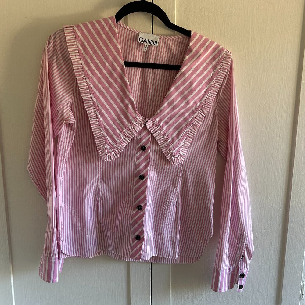 Ganni Pink and White Striped Oversize Collar Blouse (Sz 34)